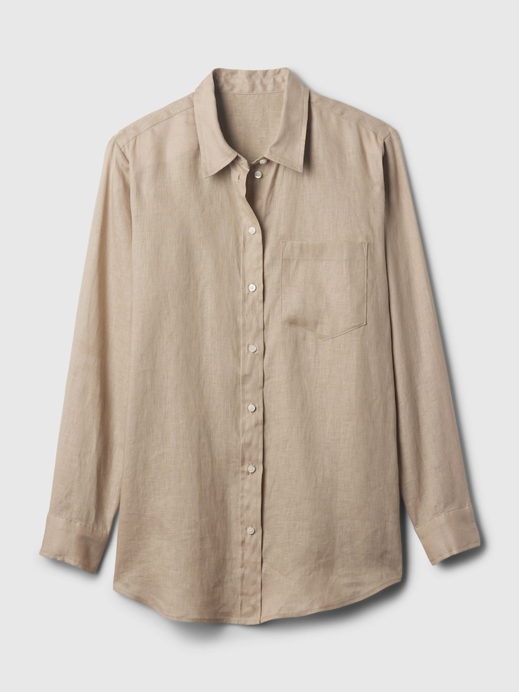 Gap Brown 100% Linen Long Sleeve Oversized Shirt - Image 6 of 6