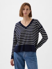 Gap Navy/Blue Linen Blend V Neck Split Hem Jumper - Image 1 of 5
