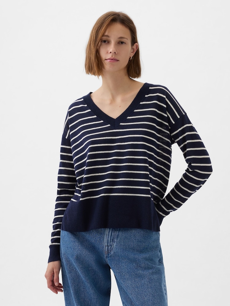 Gap Navy/Blue Linen Blend V Neck Split Hem Jumper - Image 1 of 5 Gap Navy/Blue Linen Blend V Neck Split Hem Jumper - Image 1 of 5