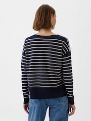 Gap Navy/Blue Linen Blend V Neck Split Hem Jumper - Image 2 of 5
