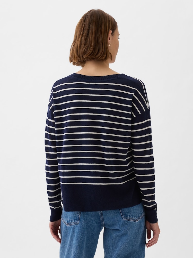 Gap Navy/Blue Linen Blend V Neck Split Hem Jumper - Image 2 of 5