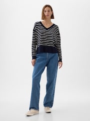 Gap Navy/Blue Linen Blend V Neck Split Hem Jumper - Image 3 of 5