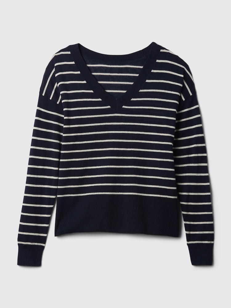 Gap Navy/Blue Linen Blend V Neck Split Hem Jumper - Image 5 of 5