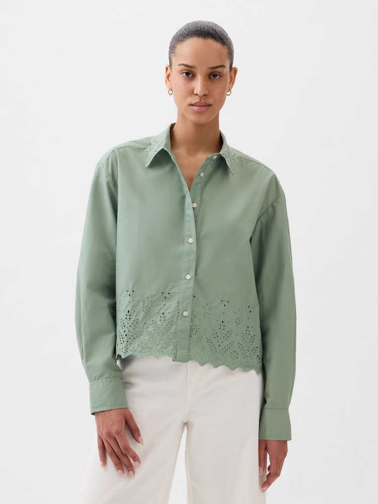 Gap Green Scalloped Hem Eyelet Cropped Shirt - Image 1 of 4