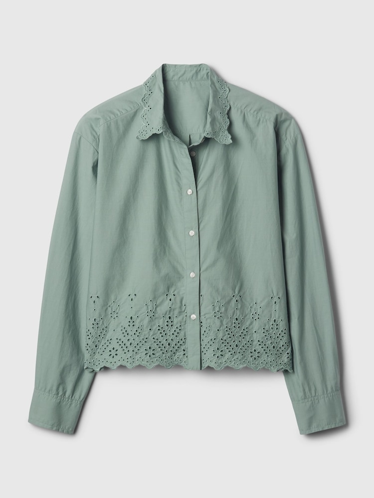 Gap Green Scalloped Hem Eyelet Cropped Shirt - Image 4 of 4