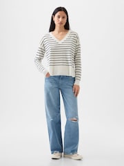 Gap Black/White Linen Blend V Neck Split Hem Jumper - Image 3 of 5
