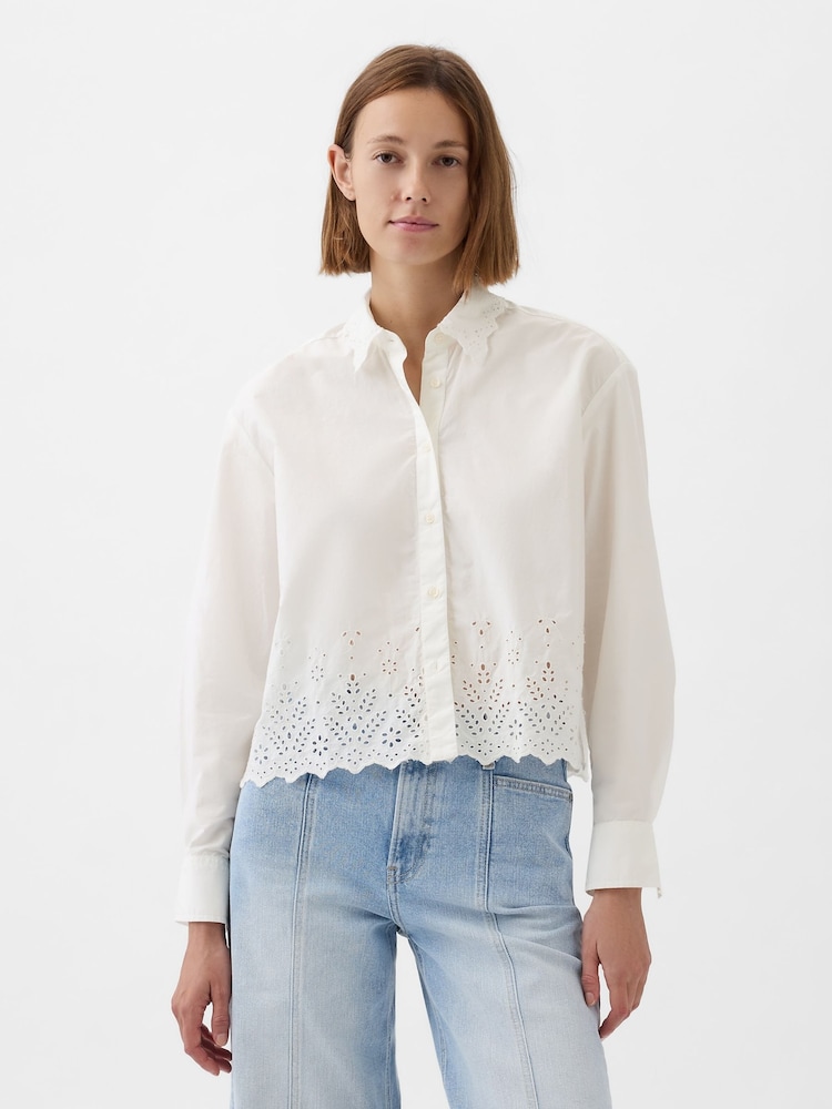 Gap White Scalloped Hem Eyelet Cropped Shirt - Image 1 of 5