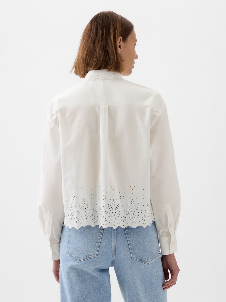 Gap White Scalloped Hem Eyelet Cropped Shirt - Image 2 of 5