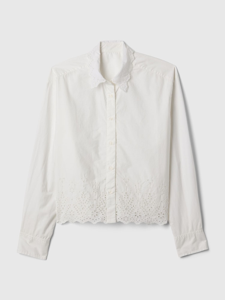 Gap White Scalloped Hem Eyelet Cropped Shirt - Image 5 of 5