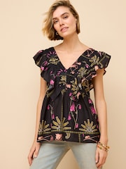 Black Floral Print Sleeveless Ruffle V-Neck Top - Image 1 of 6