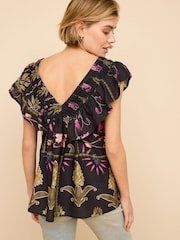 Black Floral Print Sleeveless Ruffle V-Neck Top - Image 3 of 6