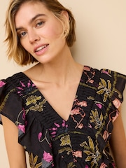 Black Floral Print Sleeveless Ruffle V-Neck Top - Image 4 of 6