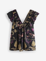 Black Floral Print Sleeveless Ruffle V-Neck Top - Image 5 of 6