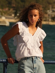 White Sleeveless Ruffle V-Neck Top - Image 1 of 6