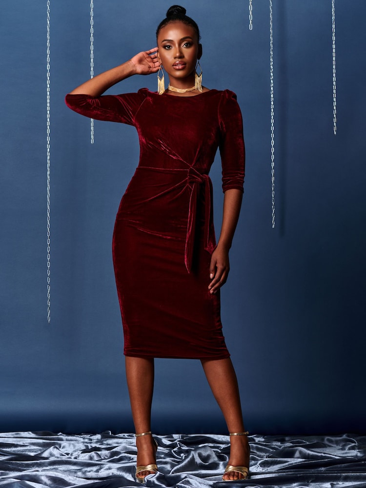 Jolie Moi Red Velvet Tie Detail Bodycon Dress - Image 1 of 6