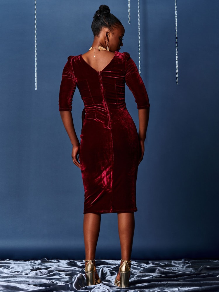 Jolie Moi Red Velvet Tie Detail Bodycon Dress - Image 2 of 6