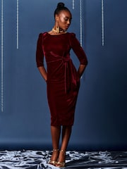 Jolie Moi Red Velvet Tie Detail Bodycon Dress - Image 4 of 6