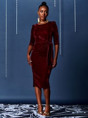 Jolie Moi Red Velvet Tie Detail Bodycon Dress - Image 5 of 6