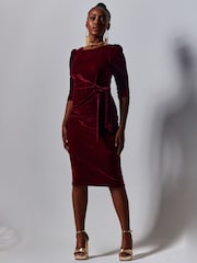 Jolie Moi Red Velvet Tie Detail Bodycon Dress - Image 6 of 6