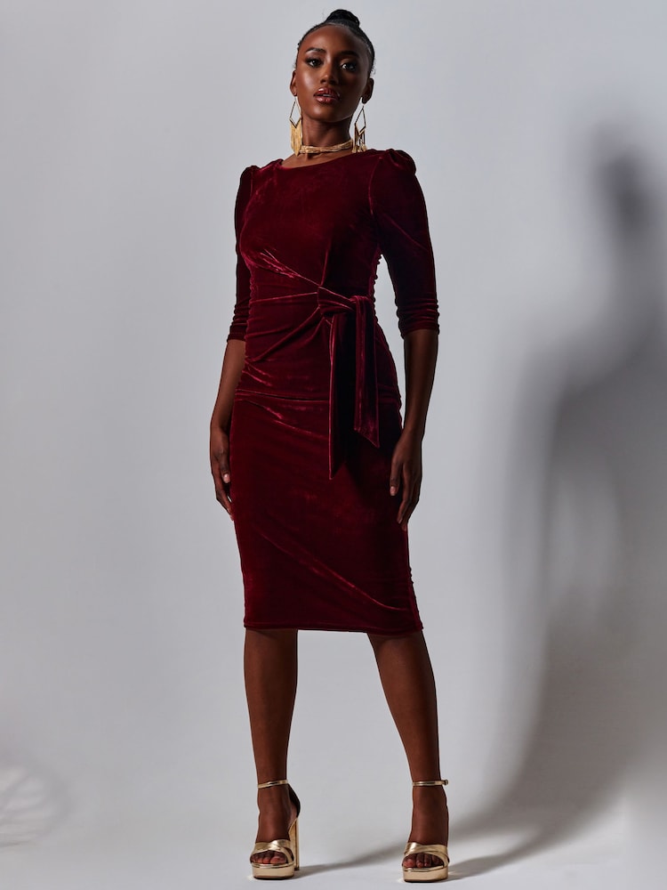 Jolie Moi Red Velvet Tie Detail Bodycon Dress - Image 6 of 6