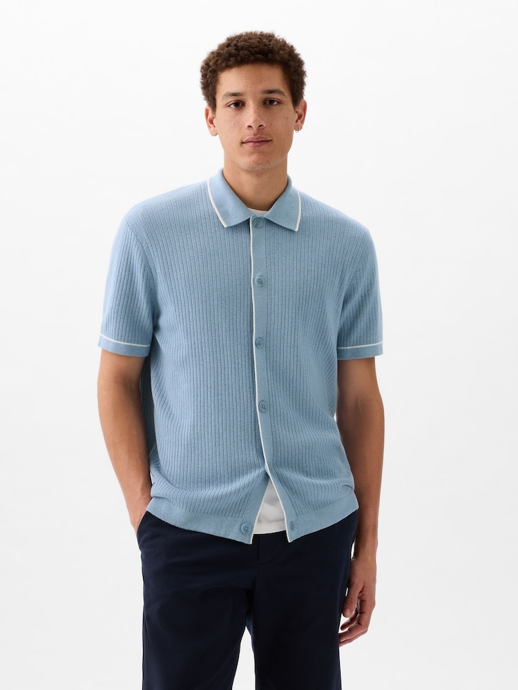 Gap Blue Ribbed Buttoned Short Sleeve Knit Shirt - Image 1 of 4 Gap Blue Ribbed Buttoned Short Sleeve Knit Shirt - Image 1 of 4