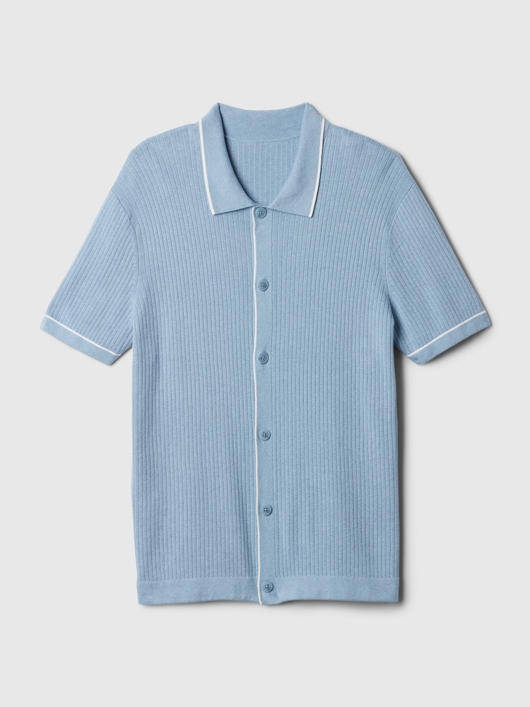 Gap Blue Ribbed Buttoned Short Sleeve Knit Shirt - Image 4 of 4 Gap Blue Ribbed Buttoned Short Sleeve Knit Shirt - Image 4 of 4