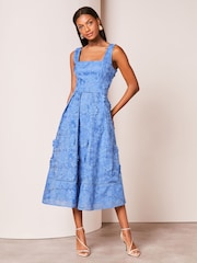 Lipsy Blue Premium 3D Lace Embroidery Floral Midi Prom Dress - Image 1 of 4