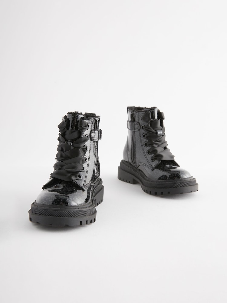 Black Patent Standard Fit (F) Chunky Lace-Up Ankle Boots - Image 1 of 7