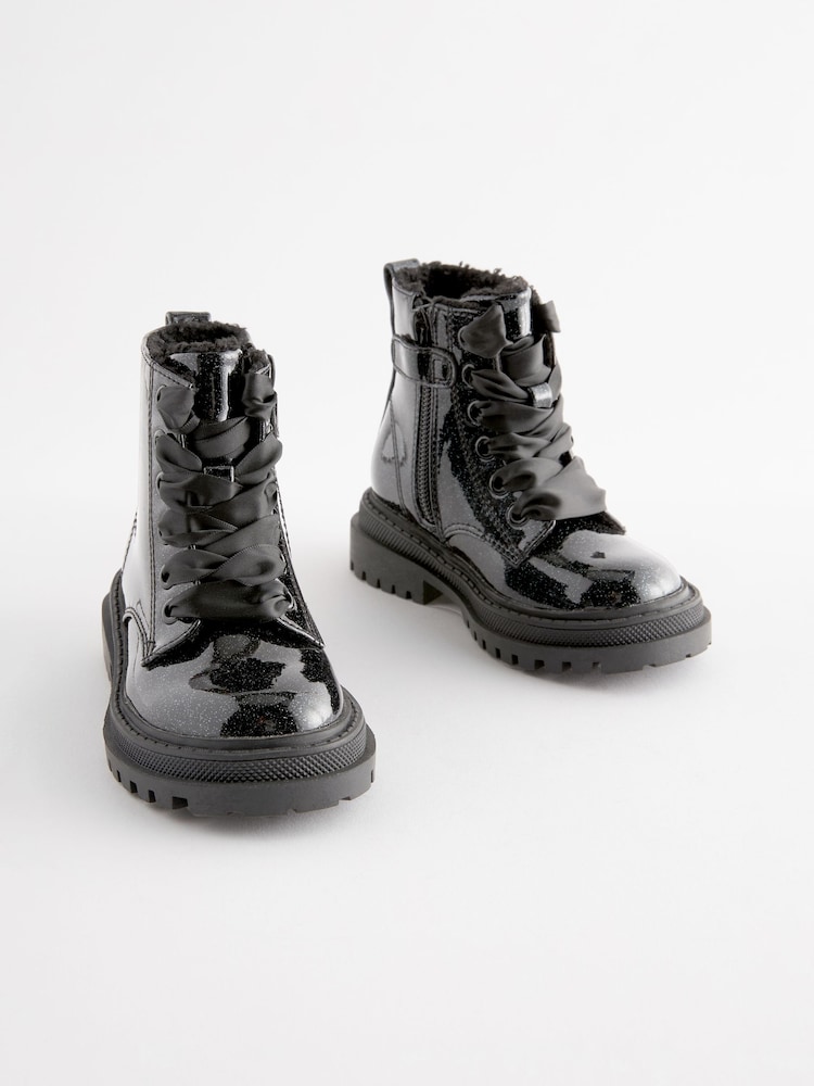 Black Patent Standard Fit (F) Chunky Lace-Up Ankle Boots - Image 2 of 7