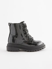 Black Patent Standard Fit (F) Chunky Lace-Up Ankle Boots - Image 3 of 7