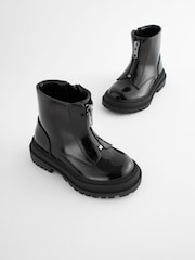 Black Patent Standard Fit (F) Zip Front Chunky Boots - Image 1 of 1
