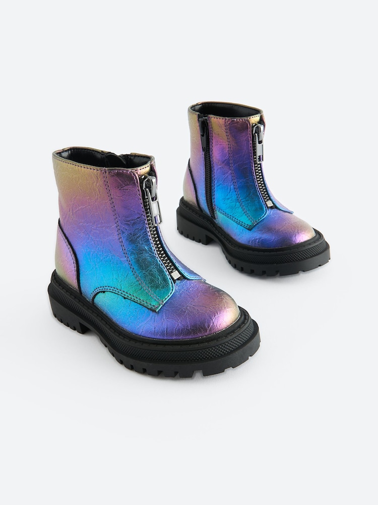 Multi Metallic Standard Fit (F) Zip Front Chunky Boots - Image 1 of 5