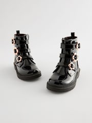 Black Patent Floral Buckle Boots - Image 1 of 6