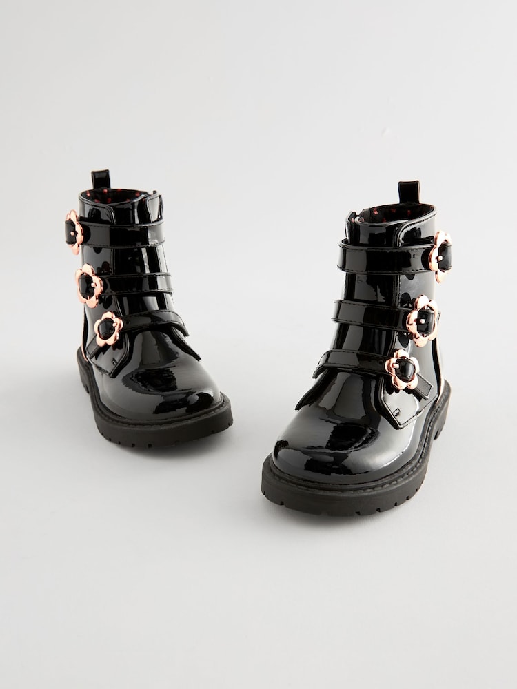 Black Patent Floral Buckle Boots - Image 1 of 6