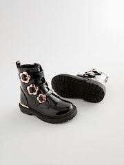 Black Patent Floral Buckle Boots - Image 2 of 6