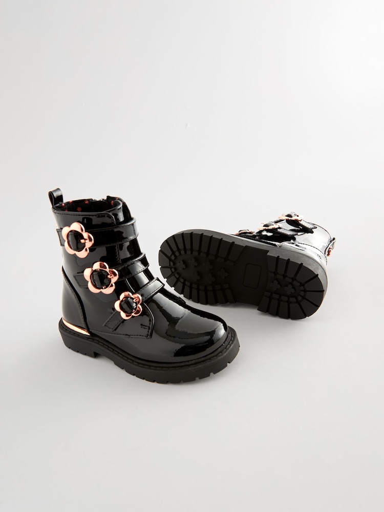 Black Patent Floral Buckle Boots - Image 2 of 6