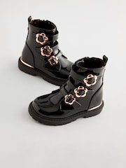 Black Patent Floral Buckle Boots - Image 3 of 6
