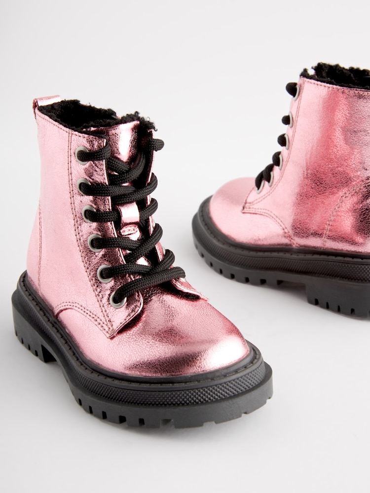Buy Pink Metallic Standard Fit (F) Chunky Lace-Up Ankle Boots from