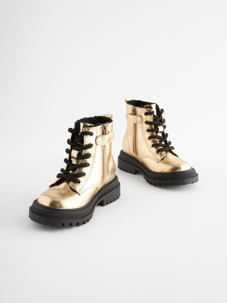 Gold Metallic Standard Fit (F) Chunky Lace-Up Ankle Boots - Image 1 of 7