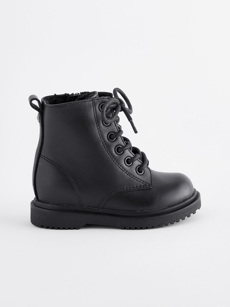 Black Leather Warm Lined Lace-Up Boots - Image 2 of 5