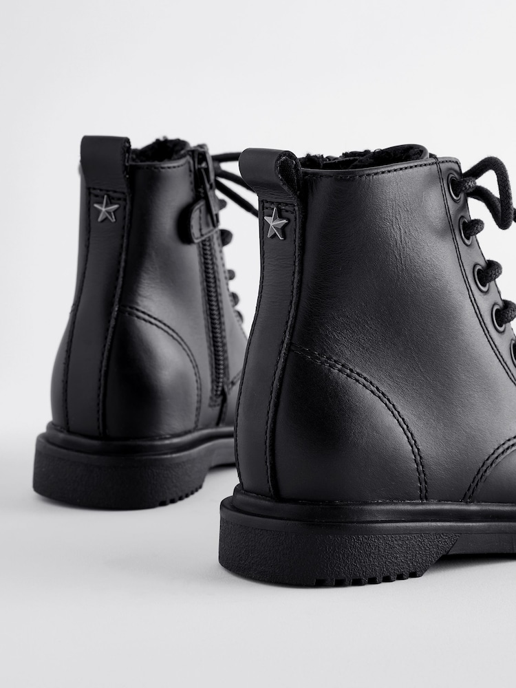 Black Leather Warm Lined Lace-Up Boots - Image 3 of 5