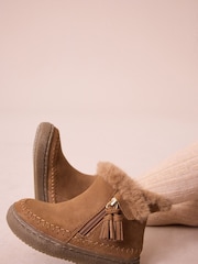Tan Brown Faux Fur Lined Tassel Ankle Boots - Image 4 of 9