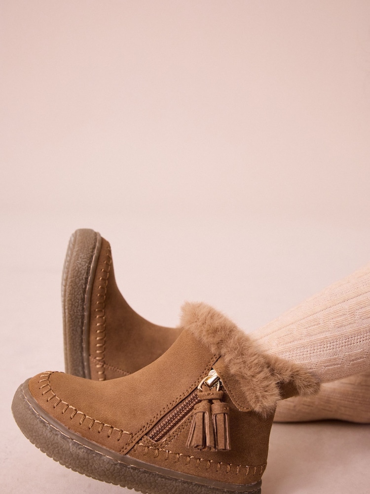 Tan Brown Faux Fur Lined Tassel Ankle Boots - Image 4 of 9