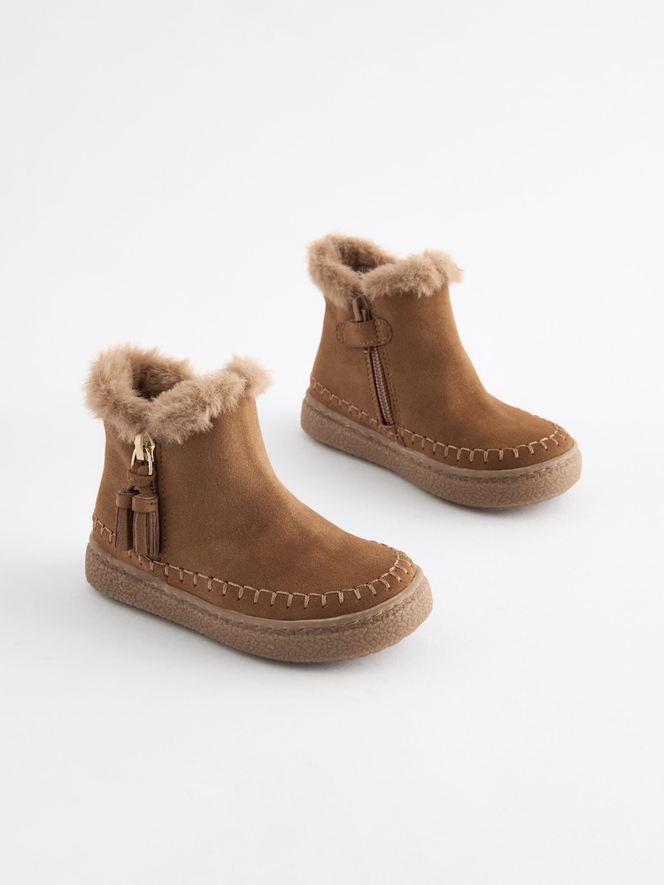 Tan Brown Faux Fur Lined Tassel Ankle Boots - Image 5 of 9