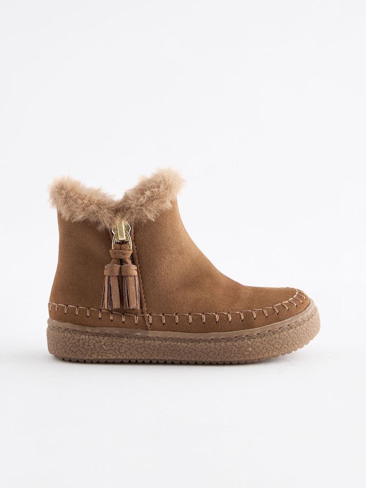 Tan Brown Faux Fur Lined Tassel Ankle Boots - Image 6 of 9