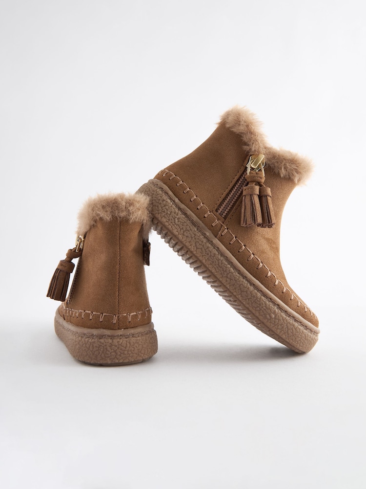Tan Brown Faux Fur Lined Tassel Ankle Boots - Image 7 of 9