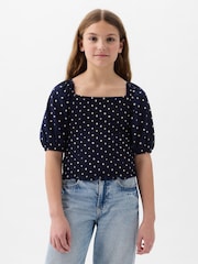 Gap Navy Blue Puff Sleeve Square Neck Smocked Top (4yrs-13yrs) - Image 1 of 3