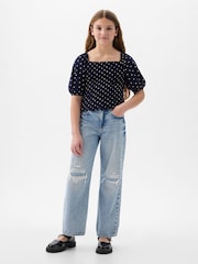 Gap Navy Blue Puff Sleeve Square Neck Smocked Top (4yrs-13yrs) - Image 3 of 3