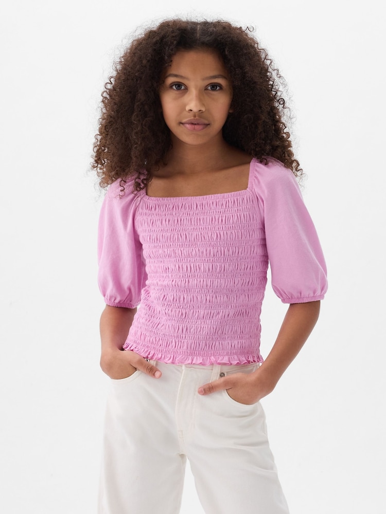 Gap Pink Puff Sleeve Square Neck Smocked Top (4yrs-13yrs) - Image 1 of 3