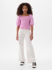 Gap Pink Puff Sleeve Square Neck Smocked Top (4yrs-13yrs) - Image 3 of 3